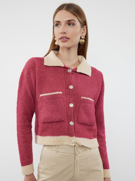 Rumba Red Off-White Collar Cardigan