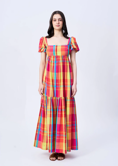Checked Puff Sleeves Maxi Dress