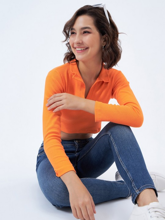 Orange Collared Crop Top