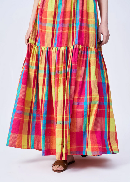 Checked Puff Sleeves Maxi Dress