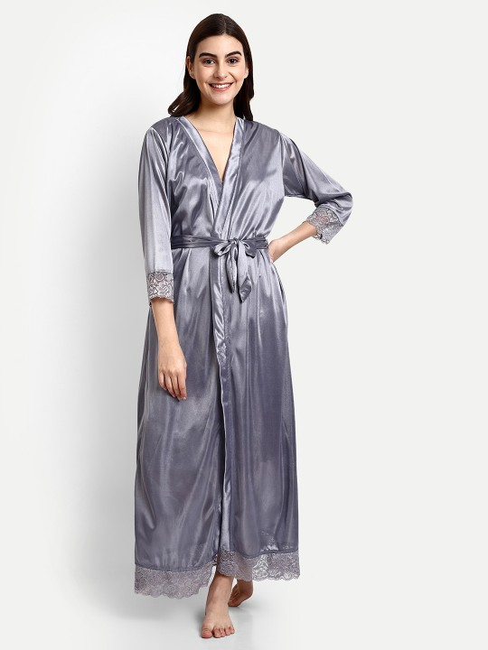 Grey Satin Nightdress With Long Robe