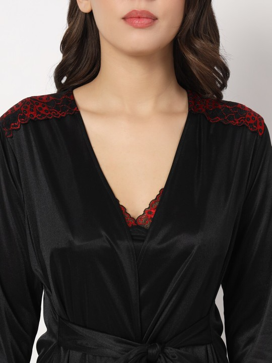 Black Satin Nightdress With Robe