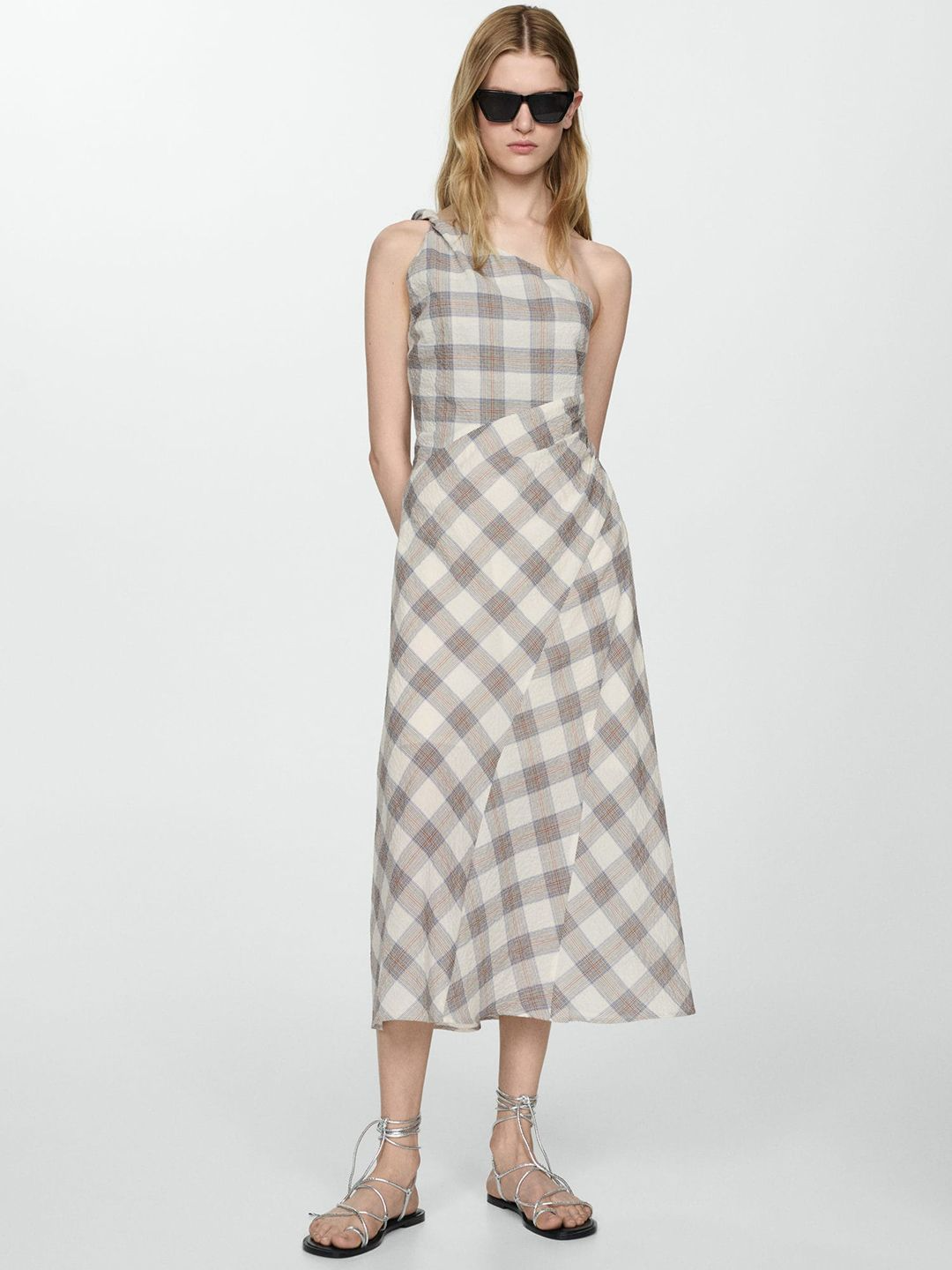 One Shoulder Checked Sheath Dress