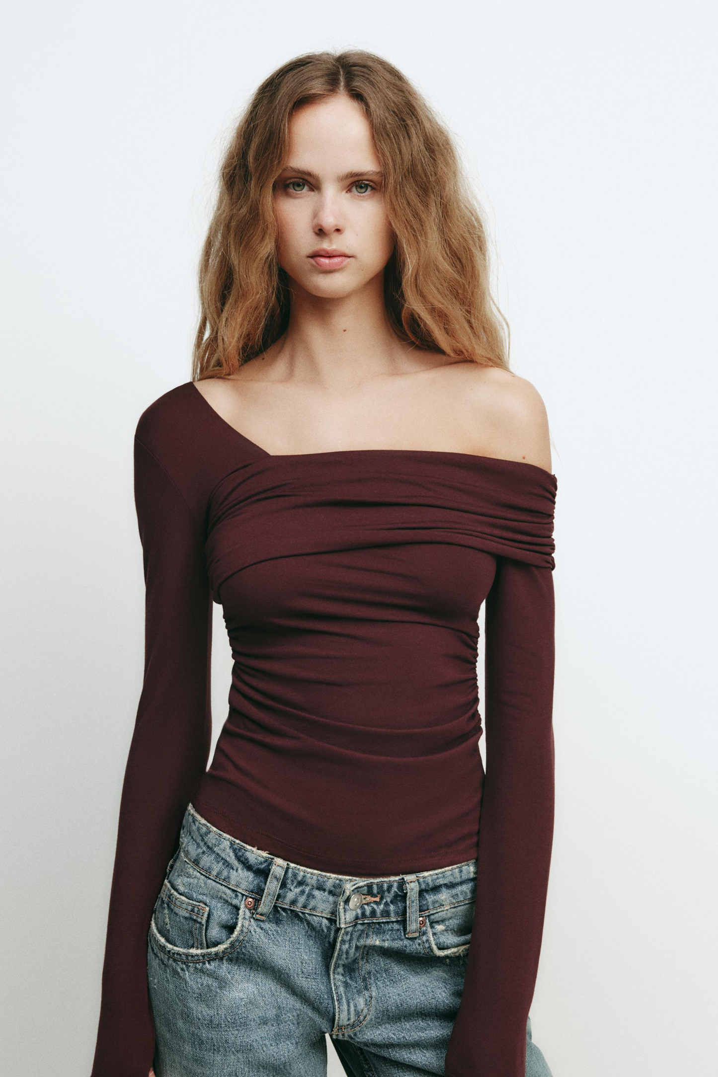 Asymmetric Neckline Top In Wine