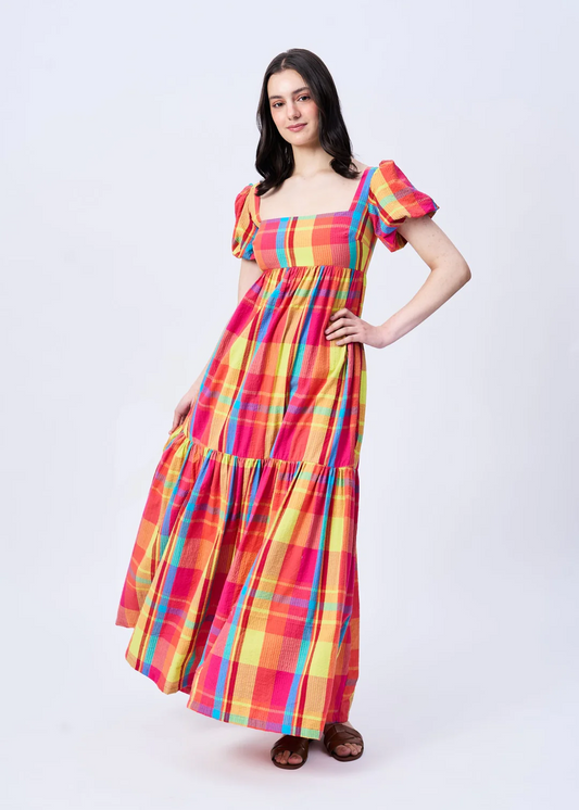 Checked Puff Sleeves Maxi Dress