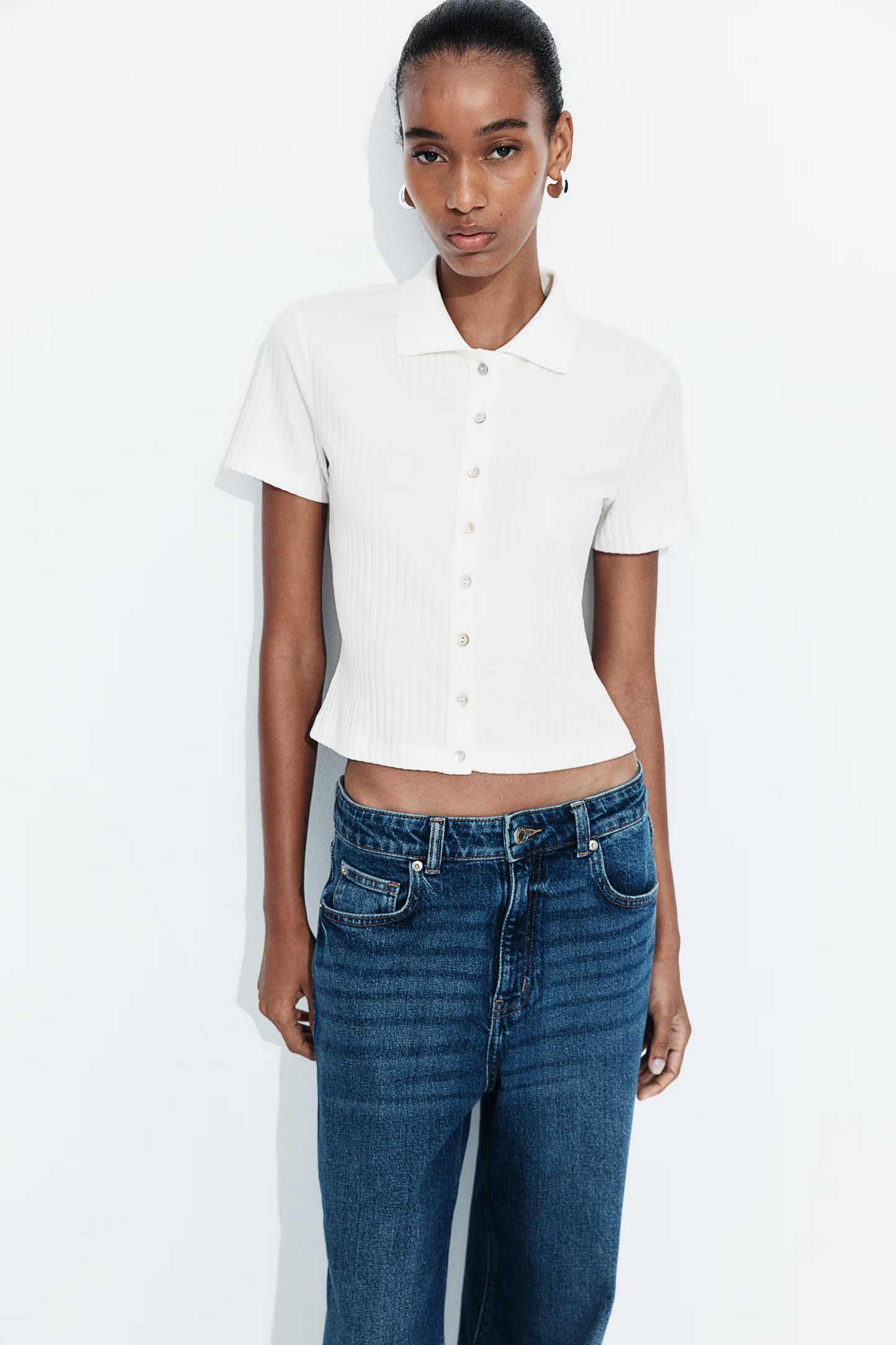 Cropped Ribbed Polo Shirt In White