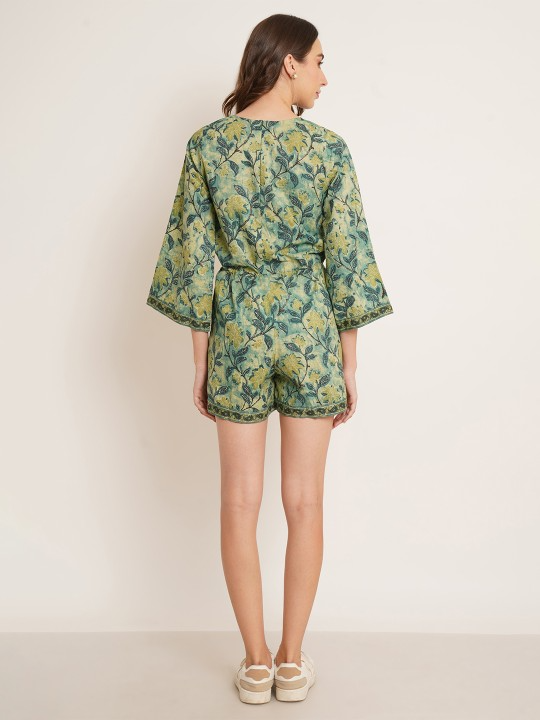 V-Neck Green Printed Jumpsuit