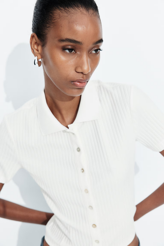 Cropped Ribbed Polo Shirt In White