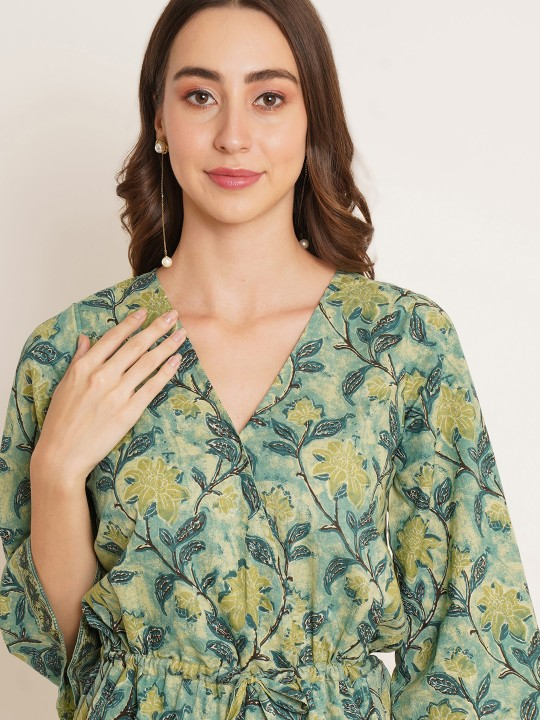 V-Neck Green Printed Jumpsuit