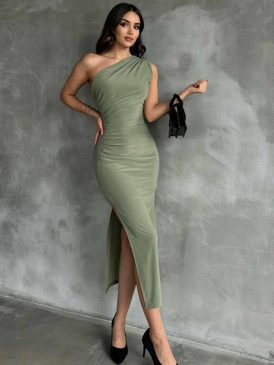 One Shoulder Strap Solid Bodycon Dress