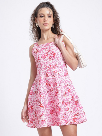 Pink Smocked Abstract Fit & Flare Dress