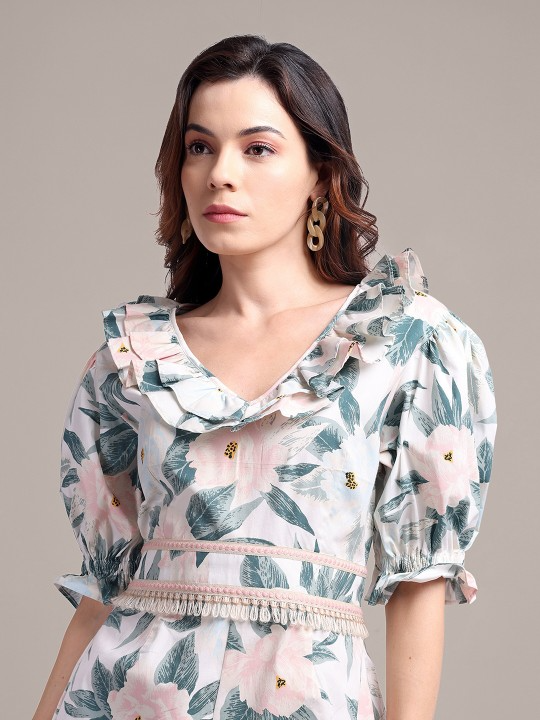 Puff Sleeves V-Neck Playsuit
