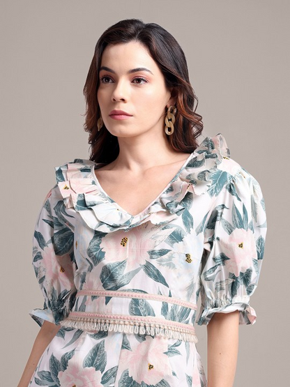 Puff Sleeves V-Neck Playsuit