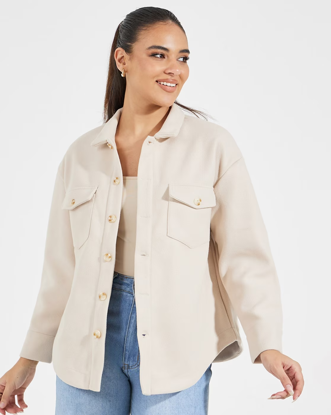 Oversized Fit Spread-Collar Beige Jacket