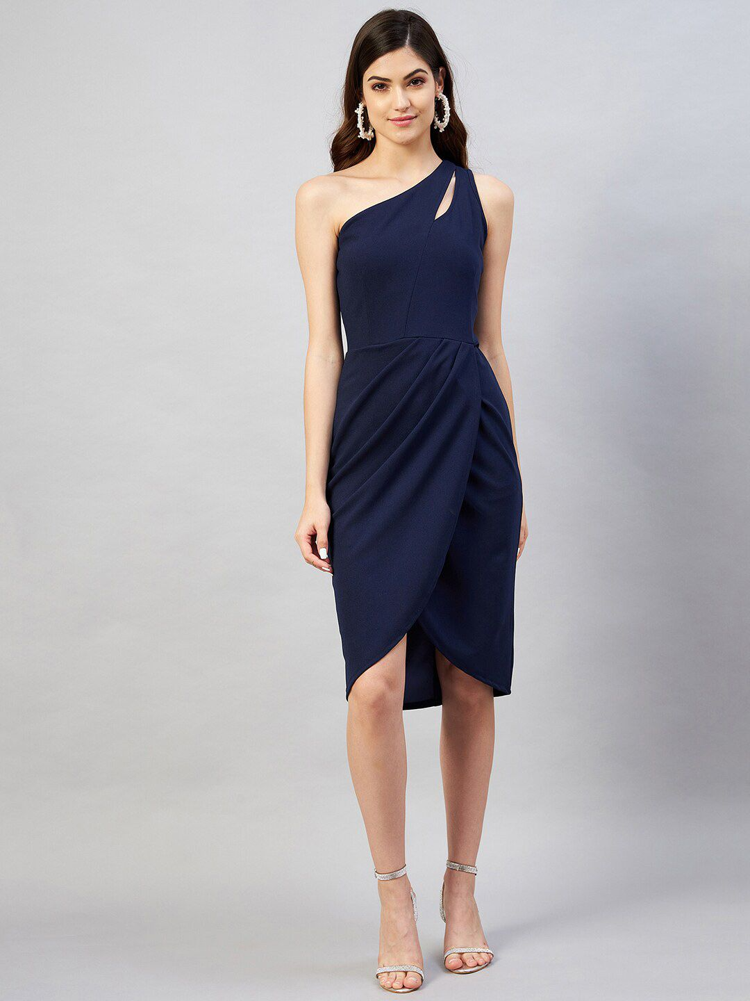 Navy Blue Solid One Shoulder Tulip Hem Dress