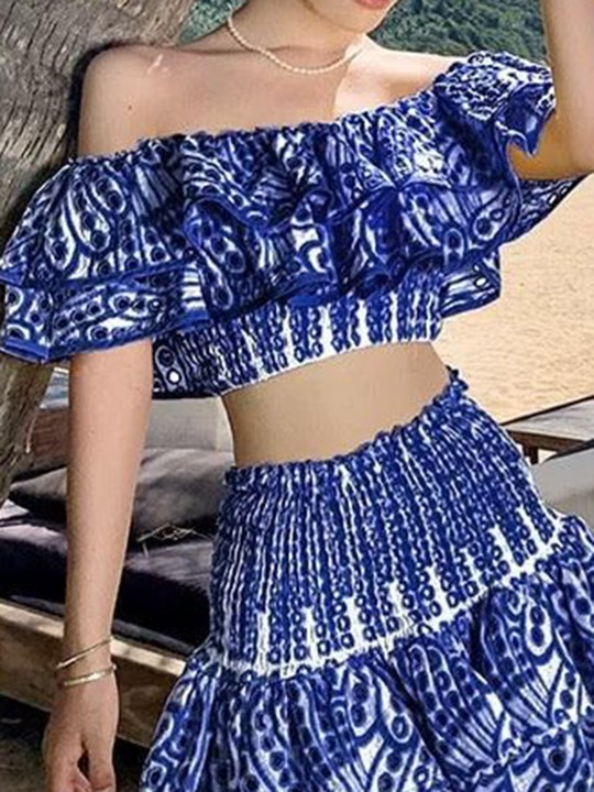 Blue Printed Off Shoulder Top & Skirt