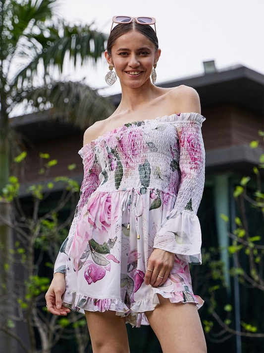 Off-Shoulder Smocked Playsuit