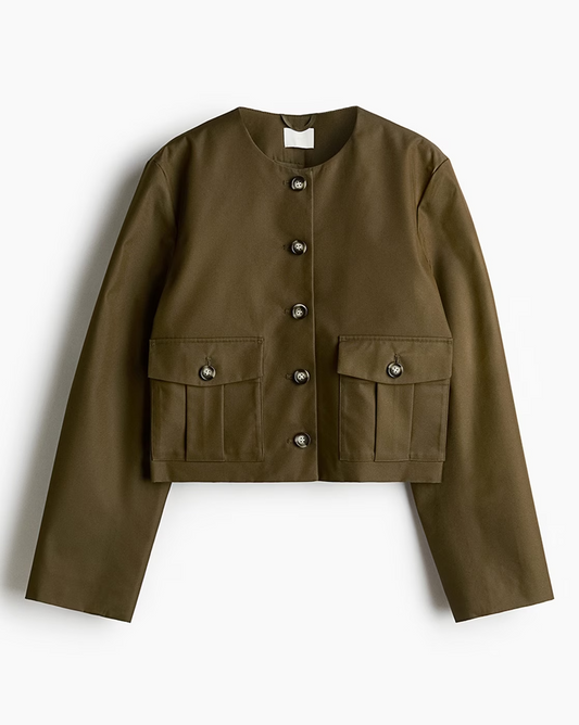 Olive Short Lined Jacket With Buttons Down The Front