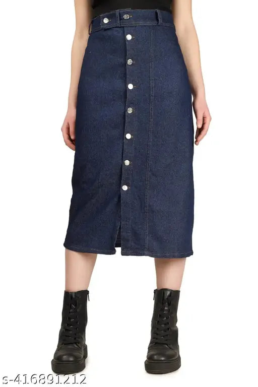 Stretch High Waisted Two Button Up Flared Dobby Denim Skirt