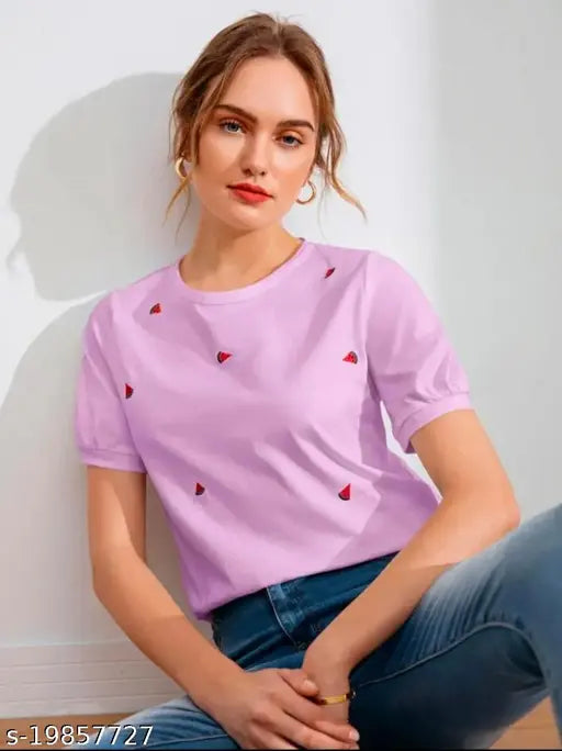 Round Neck Puff Half Sleeves Watermelon Top