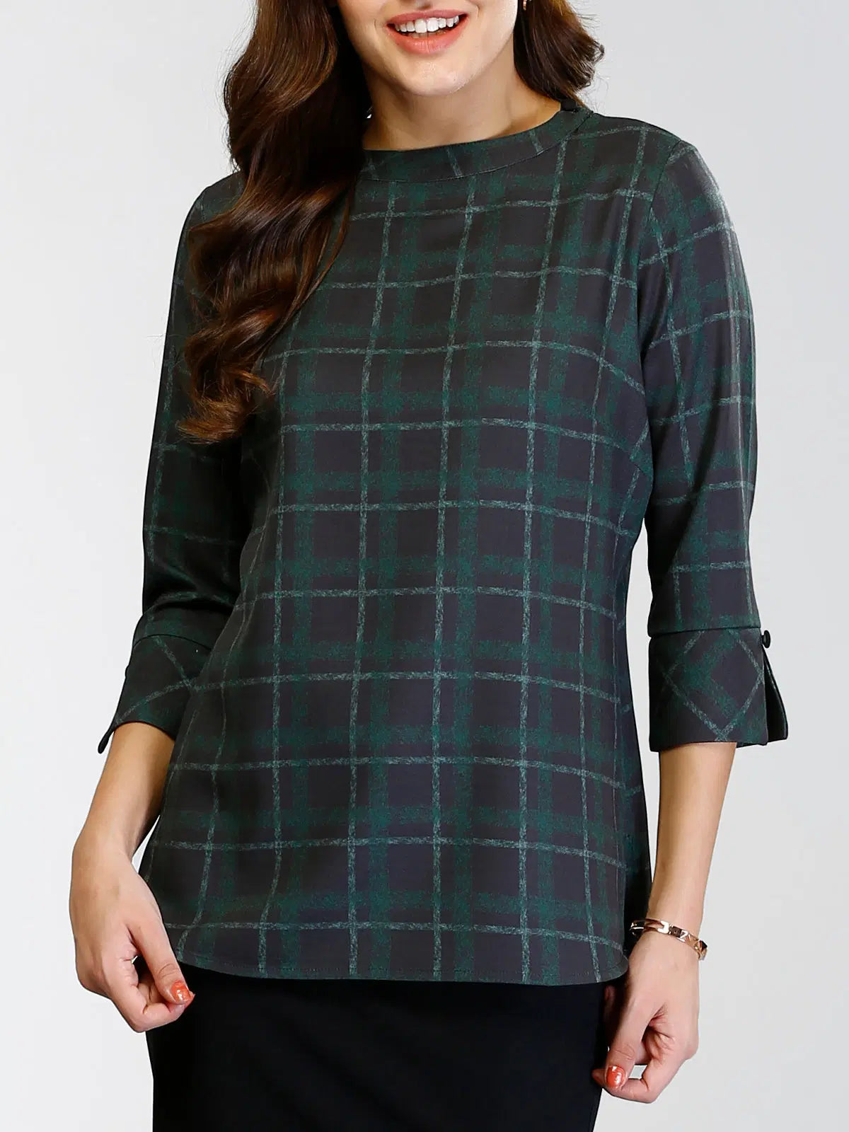 High Round Neck Plaid Top