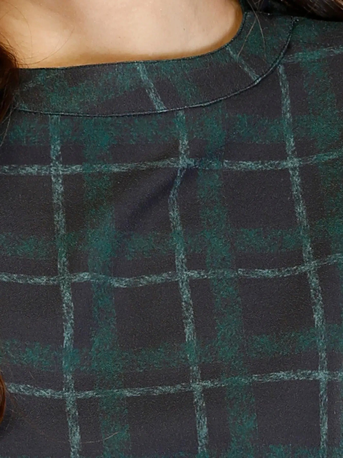 High Round Neck Plaid Top