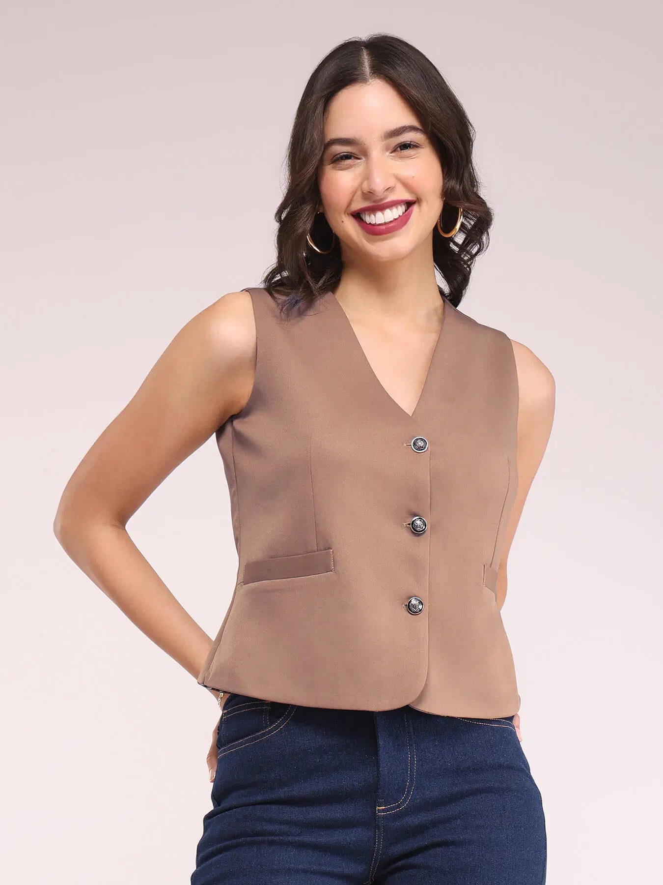 V-Neck Waistcoat In Brown