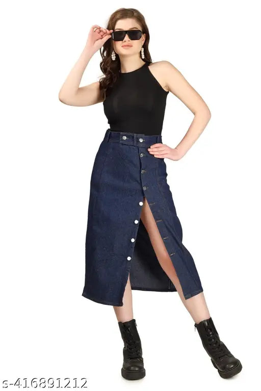 Stretch High Waisted Two Button Up Flared Dobby Denim Skirt