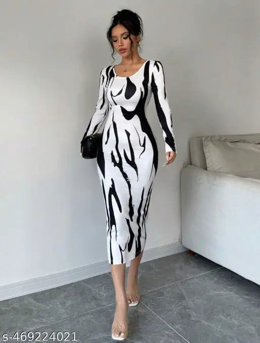 Eleyn Abstract Printed Drop Waist Full Sleeves Bodycon Dress