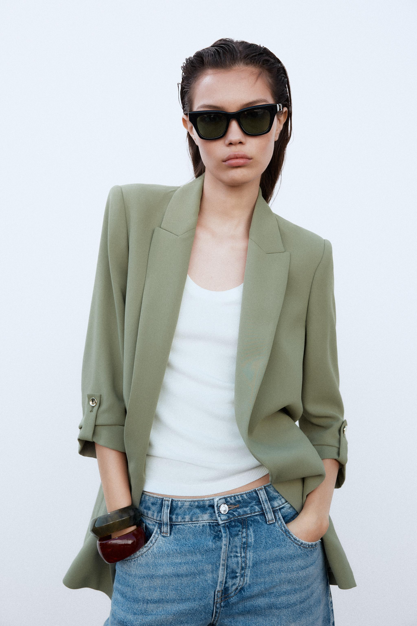 Khaki Rolled-Up Sleeves Blazer