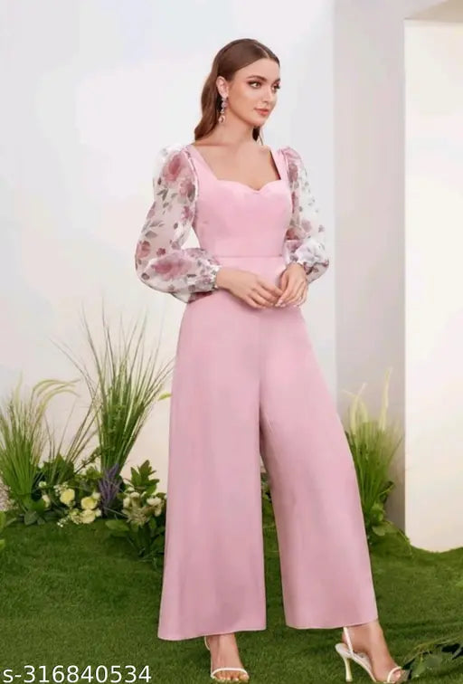 Lia Gathered Puff Sleeves Pink Jumpsuit