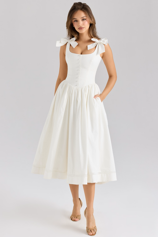 White Stretch Cotton Bow Midi Dress