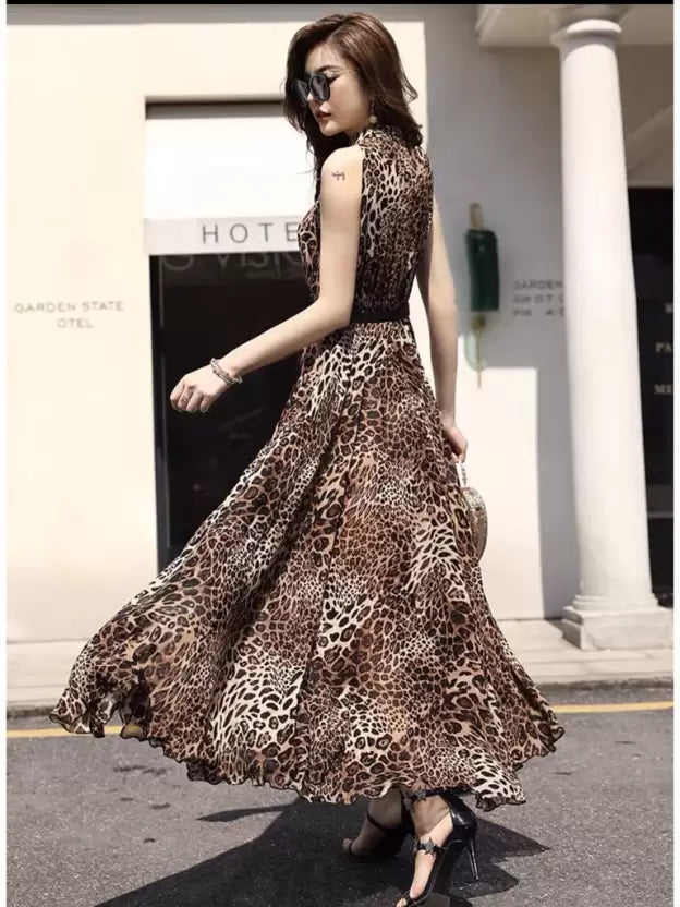 Animal Print Asymmetric Brown Dress