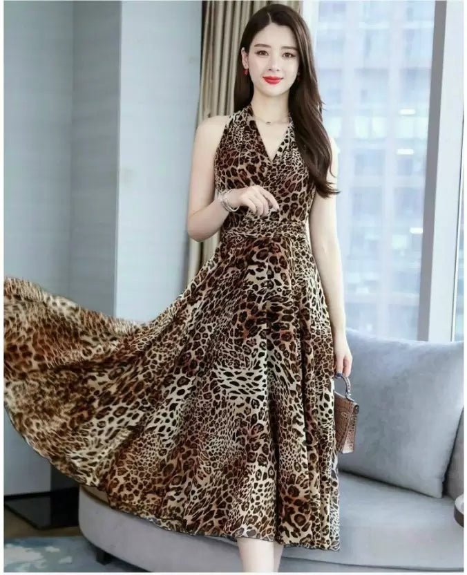 Animal Print Asymmetric Brown Dress