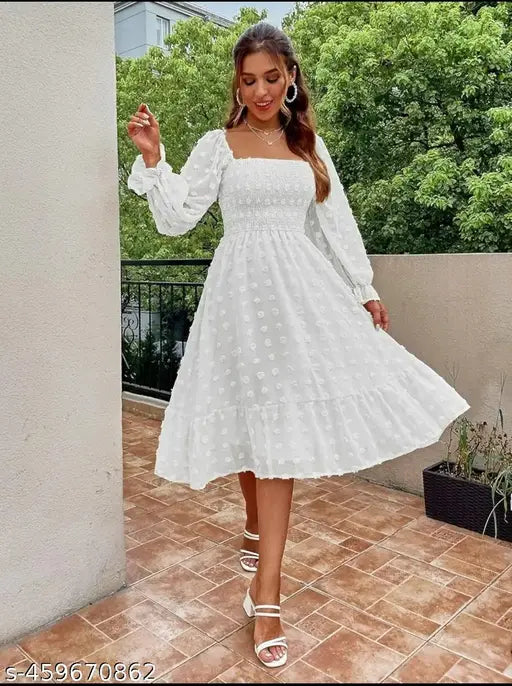 White Popcorn Dress Georgette