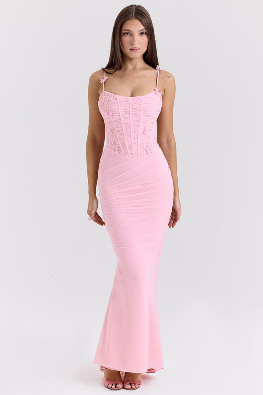 Pink Stretch Mesh Butterfly Maxi Dress