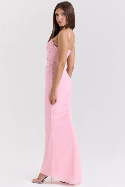 Pink Stretch Mesh Butterfly Maxi Dress