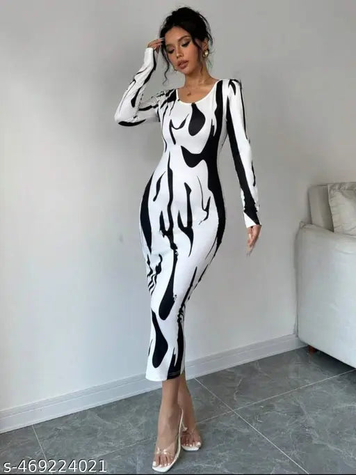 Eleyn Abstract Printed Drop Waist Full Sleeves Bodycon Dress