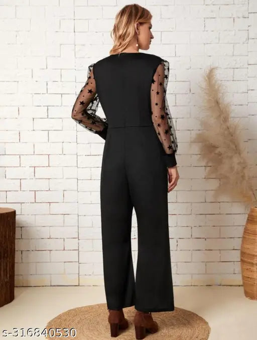 Lia Gathered Straight Net Sleeves Black Jumpsuit