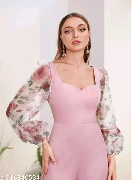 Lia Gathered Puff Sleeves Pink Jumpsuit