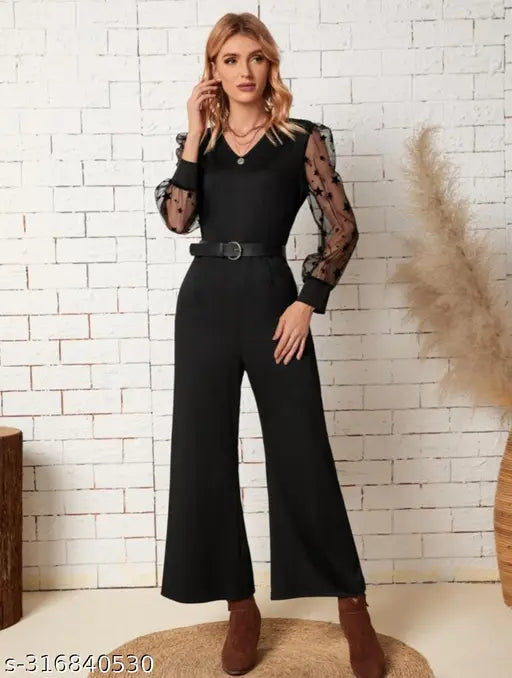 Lia Gathered Straight Net Sleeves Black Jumpsuit