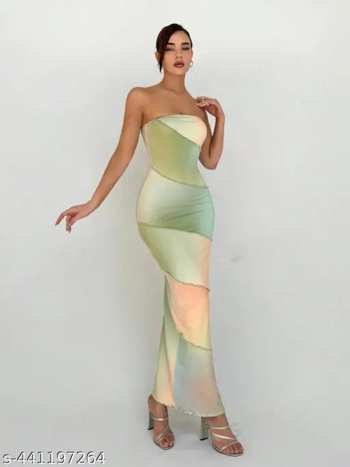 Colourblocked Strapless Bodycon Maxi Dress