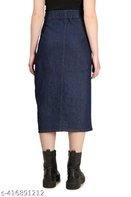 Stretch High Waisted Two Button Up Flared Dobby Denim Skirt